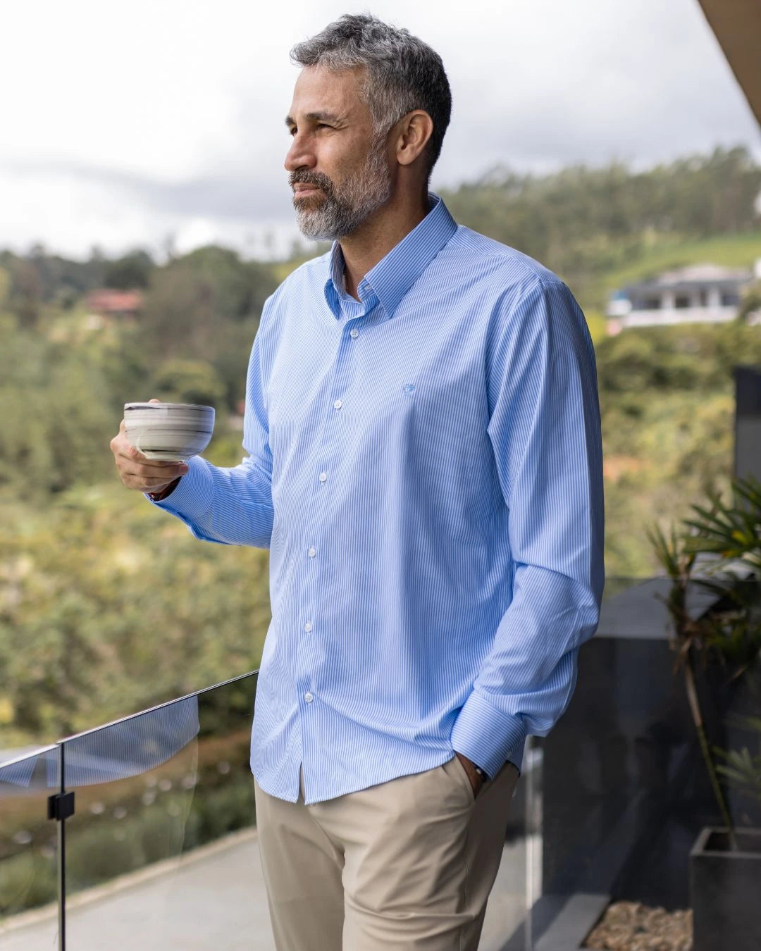 Camisa Performance Antiarrugas Rayas Azul Claro
