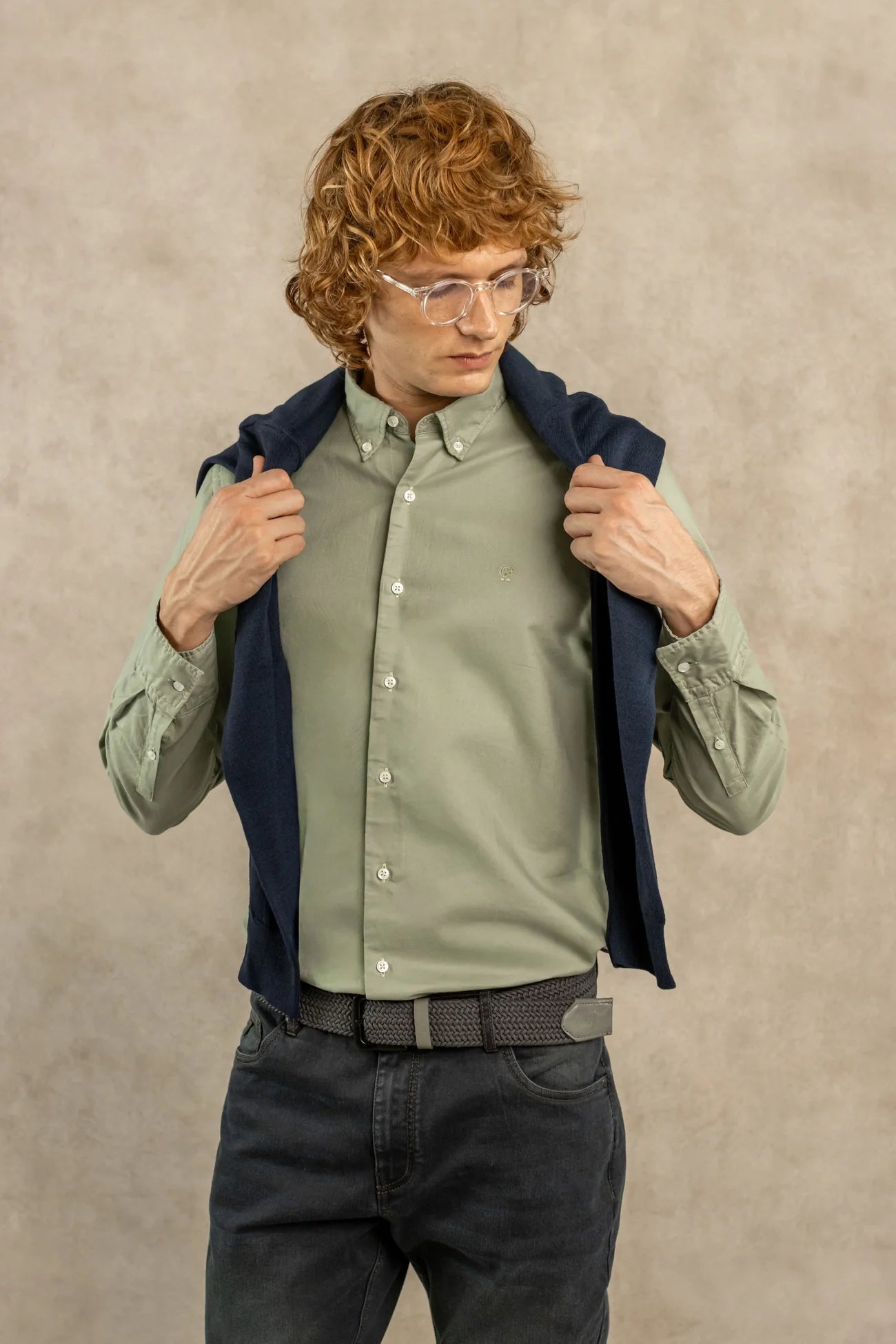 Camisa Antimanchas Oxford Verde Sage Logo Contraste - Talla Regular