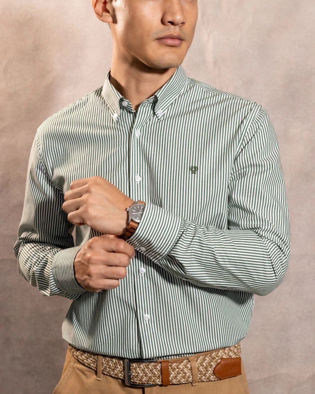 Camisa Antimanchas Popelina Rayas Verde Oscuro Logo Combinado