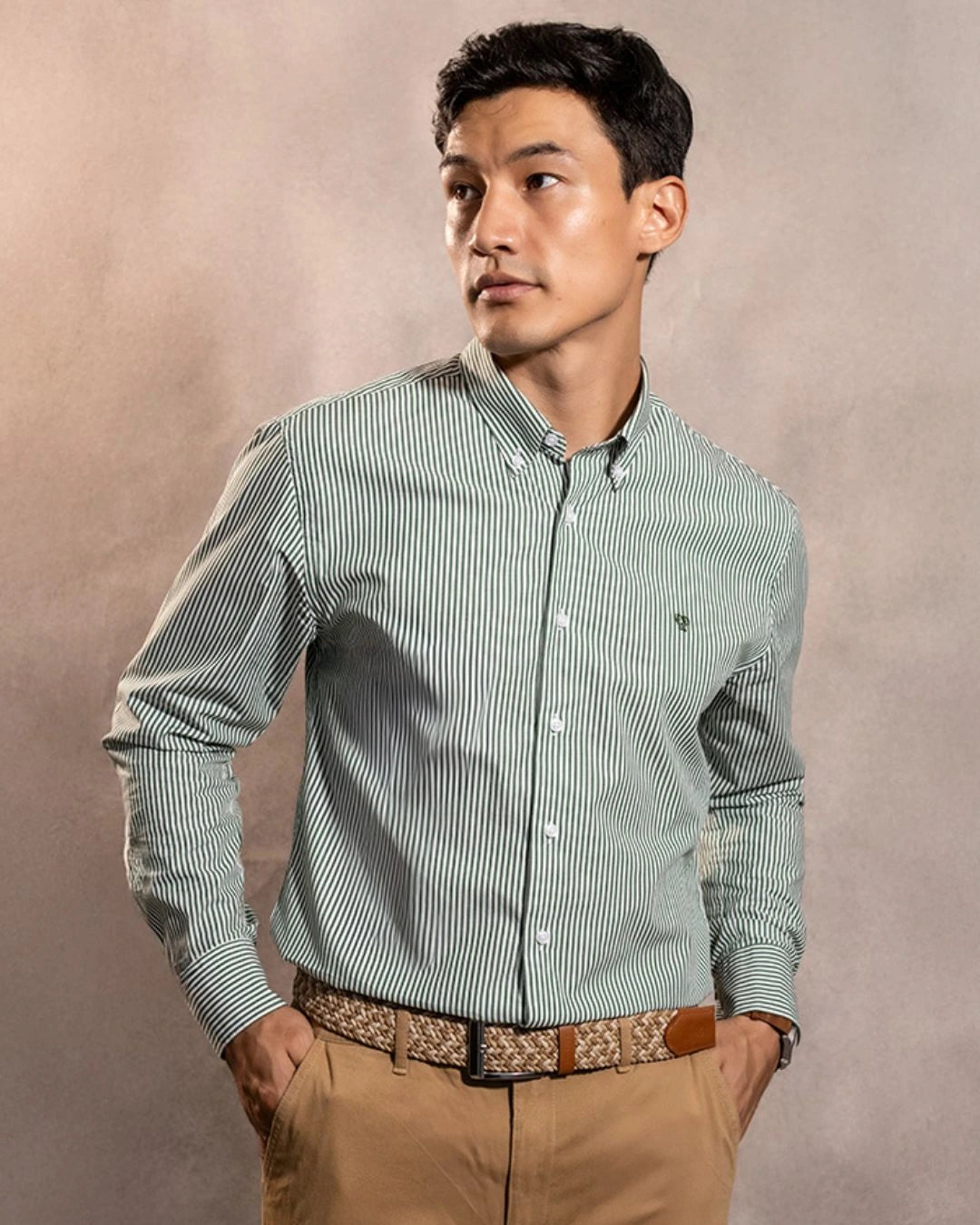 Camisa Antimanchas Popelina Rayas Verde Oscuro Logo Combinado